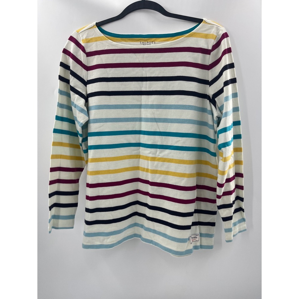 Talbots Authentic Tee Multi Color Striped Boat Neck Cotton Top Plus Petite XP